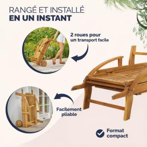 Bain de soleil pliable en bois d’acacia avec roues – Transat Sun Lounger