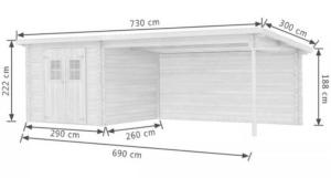 ABRI de jardin, bois massif 28 mm avec extension réversible, surface 22 m²