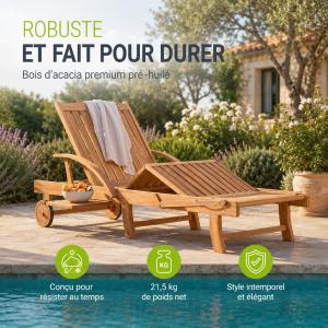 Bain de soleil pliant en bois d'acacia avec table et tablette intégrées – SUNDAY