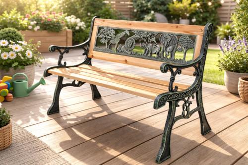 BANC DE JARDIN ENFANT 85 CM Bois & fonte style vintage – Motif animaux