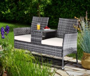 Banc de jardin, résine tressée gris, 2 places avec table intégrée 