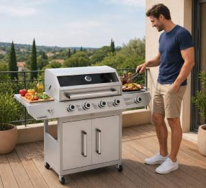 Barbecue à gaz 5 brûleurs 17 kW, sur roues, grille fonte émaillée et LED, modèle WARAN