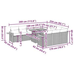 Canapé de jardin modulable en résine tressée noir avec coussins bleu et table relevable