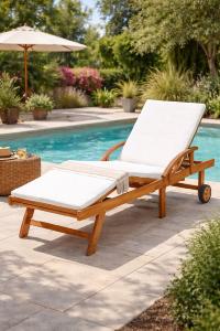 Bain de soleil avec coussin, teck massif, pliable, sur roues