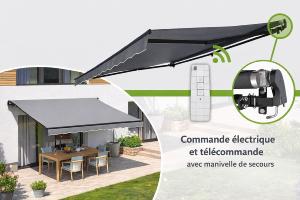 STORE BANNE 350 x 250 cm avec auvent 120 cm, motorisé, 5 coloris