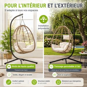 Fauteuil suspendu ALOA en rotin avec support – Beige ou gris
