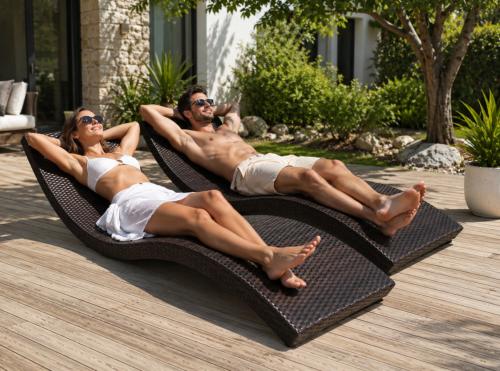 Lot de 2 bains de soleil en résine tressée chocolat – Structure aluminium