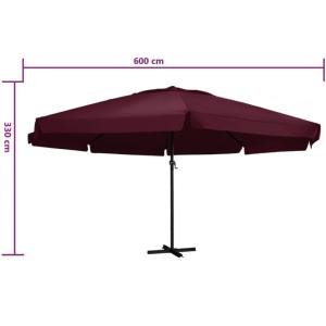 PARASOL aluminium, 6 mètres, toile rouge bordeaux