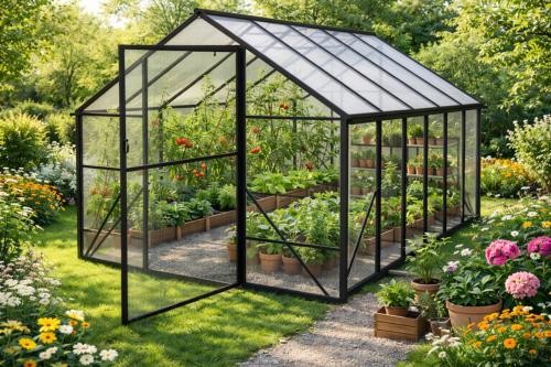 Serre de jardin aluminium noir, largeur 250 cm – Polycarbonate 4 mm – 2 dimensions 