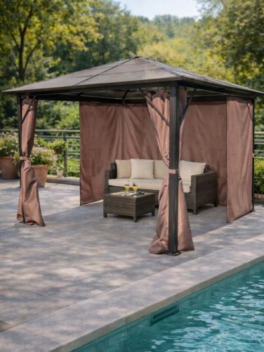 Tonnelle de jardin aluminium toit rigide 3x3 m – Polycarbonate 6 mm – Rideaux – Marron