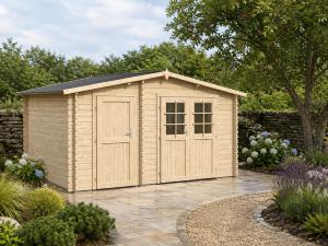 Abri de jardin bois 15 m² ASTER – 2 pièces – Madriers 28 mm – Bardeaux bitumeux inclus