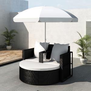 CANAPE de jardin rond résine tressée noir + parasol