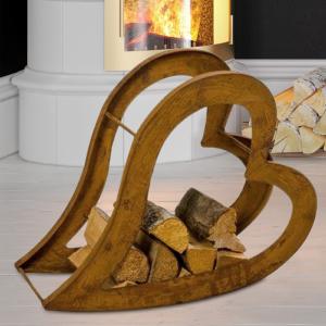 Étagère à bois de chauffage en métal – Forme cœur couché – Coloris rouille
