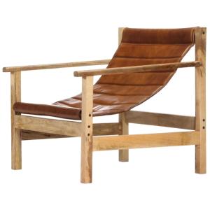 Fauteuil cuir véritable et bois massif de manguier, marron