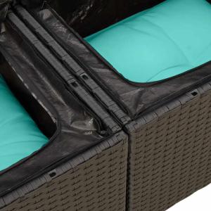 Canapé de jardin modulable en résine tressée noir avec coussins bleu et table relevable