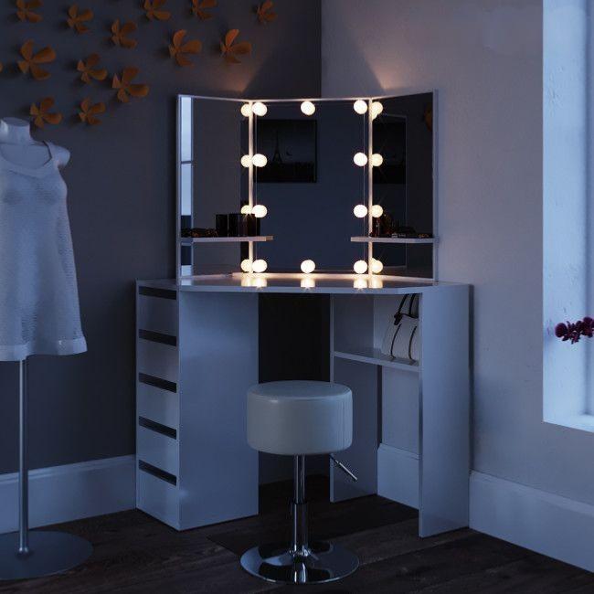 Table de maquillage d'angle coiffeuse avec miroir et LED +