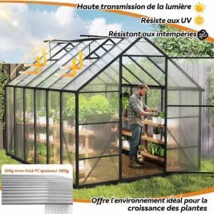 Serre de jardin aluminium noir – Polycarbonate 4 mm – Largeur 180 cm – 6 dimensions au choix