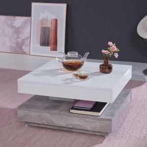 TABLE basse, pivotante, 2 niveaux, blanc  gris béton, MIRAGE
