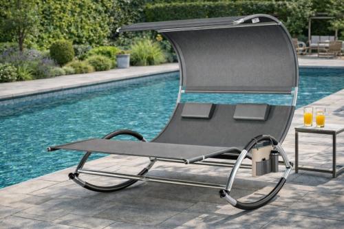 Chaise longue double à bascule avec auvent – Transat 2 places, acier et textilène