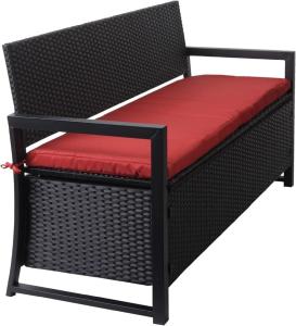 BANC avec coffre, résine tressée noir, 165 cm, coussin rouge