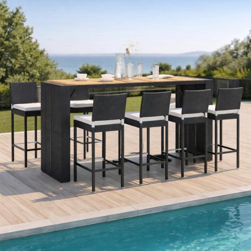 BAR de jardin en résine tressée noir et acacia, 8 places