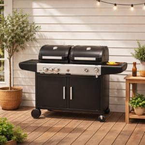 BARBECUE combiné, 2 en 1, gaz ou charbon, avec plancha