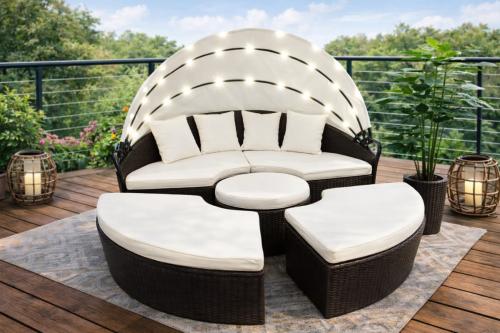 Canapé de jardin modulable Ø 230 cm en résine tressée avec toit pare-soleil-multifonction