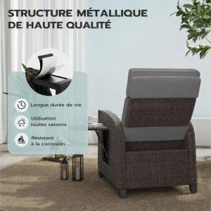 Fauteuil transat en résine tressée avec coussin et tablette – bain de soleil inclinable