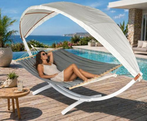 HAMAC JARDIN 420 cm gris, support bois blanc + toit amovible