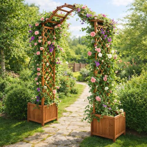Pergola Arche en Bois Massif avec Jardinières Intégrées – 205 cm