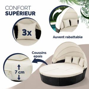 Salon de jardin XXL 2-en-1 en résine tressée – Lit rond modulable Ø 230 cm