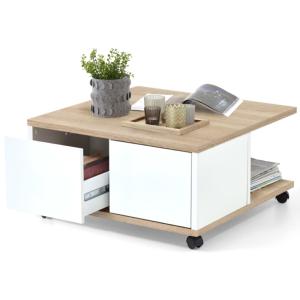 TABLE basse sur roues, 70 cm, bois, chêne/blanc