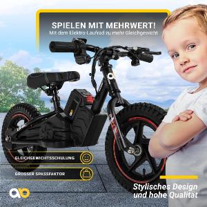 VELO ELECTRIQUE enfant, 250 watts, roues 12 pouces, noir/ rouge