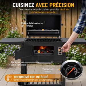 Barbecue Charbon & Fumoir 2-en-1 ARCAN avec Thermomètre, Tablettes Rabattables et Roues