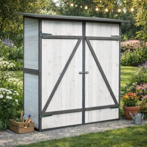 Armoire de jardin bois épicéa avec portes doubles – Blanc & Gris – 150 x 140 cm