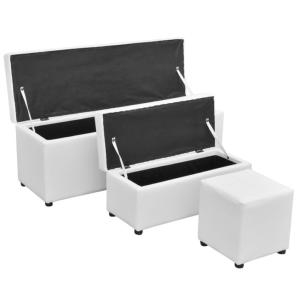 Bancs coffre et pouf, cuir blanc, lot de 3