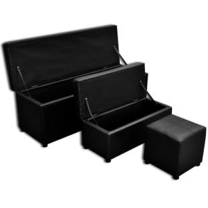 Bancs coffre et pouf, cuir noir, lot de 3