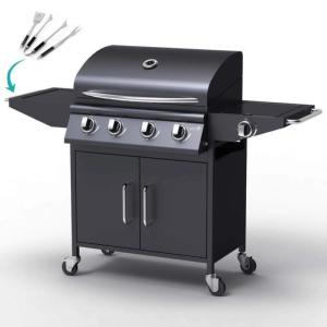 BARBECUE GAZ inox, acier noir, 5 brûleurs