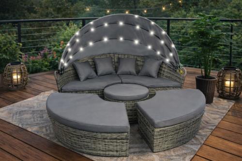 Canapé de jardin rond modulable Ø 185 cm avec auvent LED – Résine tressée