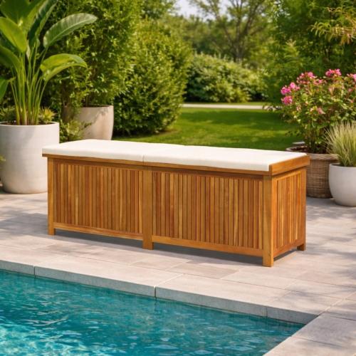 Coffre banc de rangement jardin 150 cm en bois exotique FSC avec coussin