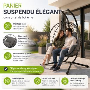 Fauteuil suspendu double ALOA XL en polyrotin gris ou beige– 2 places