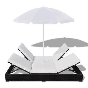 LIT de jardin double en résine tressée noir, avec parasol, 3 coloris