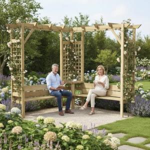 Pergola d’angle bois 190x190 cm avec double banc et tablette centrale