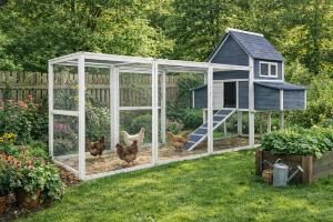 Poulailler XXL en bois massif avec enclos – 310 x 150 cm – Gris / Blanc