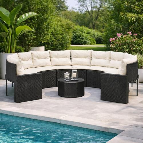 Salon de jardin rond XXL Ø 290 cm en résine tressée avec table basse en verre