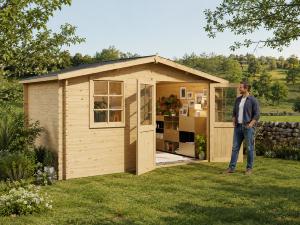 Abri de jardin bois 12 m² ARVENA – Madriers 28 mm – Toit double pente avec bardeaux bitumeux