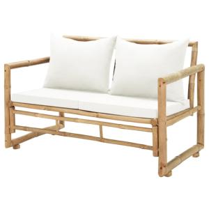 Banc de jardin bambou, avec coussins crème