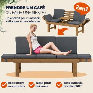 Banc de jardin, modulable, acacia, 200 cm, avec table intégrée 