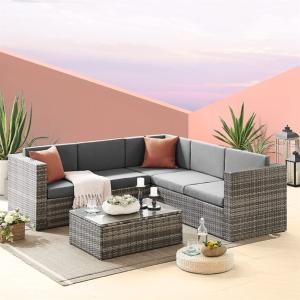 CANAPE de jardin, modulable en résine tressée grise, coussins gris