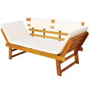 Banc de jardin convertible en acacia, coussins crème